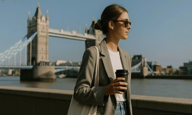 Mulher de óculos escuros tomando café com a famosa London Bridge ao fundo