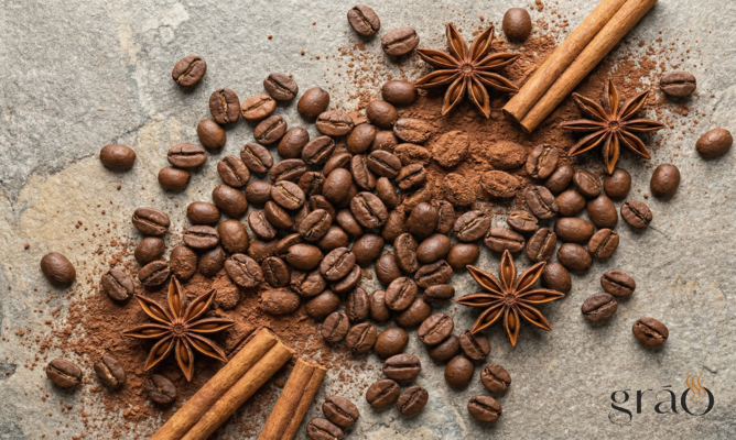Composição de grãos de café especial com especiarias como canela e anis, fotografados sobre pedra rústica.