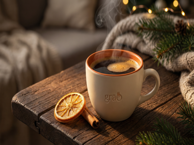 Café especial fumegante em cenário natalino com pinho, canela e laranja desidratada sobre mesa rústica.