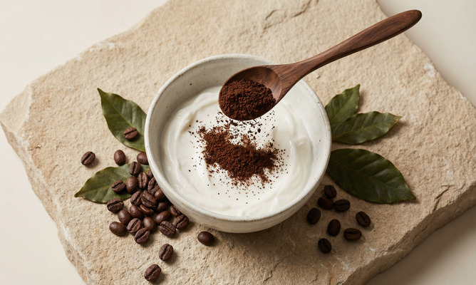 Ingredientes para hidratação de café caseira: bowl de cerâmica com máscara branca e colher de madeira despejando pó de café, com grãos de café ao redor em fundo de pedra.