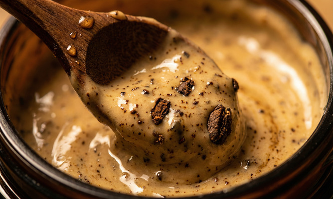 Textura cremosa da máscara de hidratação misturada com borra de café e grãos em detalhe macro na colher de madeira, mostrando a consistência para esfoliação capilar.