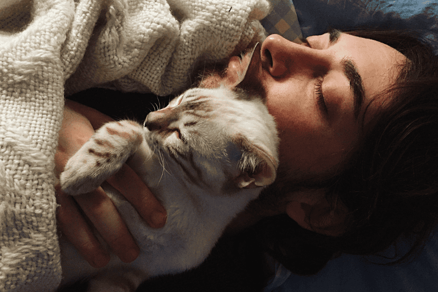 homem deitado dormindo na cama, abraçado em um gato