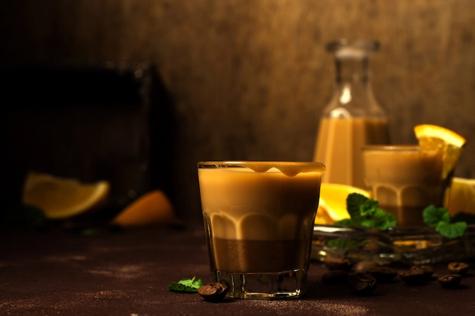 sobre uma bancada de cozinha, no fundo jarra da bebida e rodelas de laranja cortadas, no primeiro plano o café com mel e laranja servido