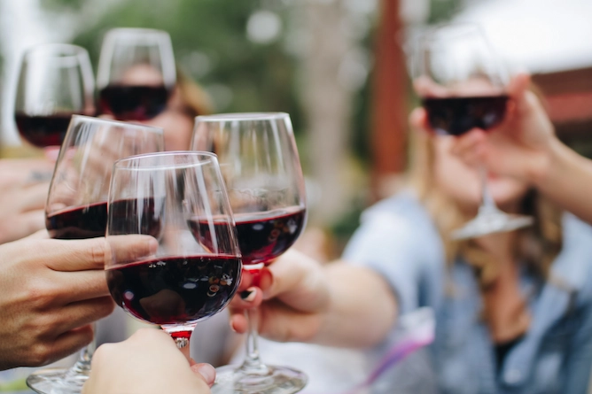 seis pessoas brindando com taças de vinho tinto