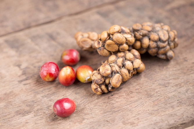sobre uma mesa de madeira, alguns frutos do café e ao lado os grãos após terem passado pela fermentação no processo digestivo da civeta, ficam aglomerados