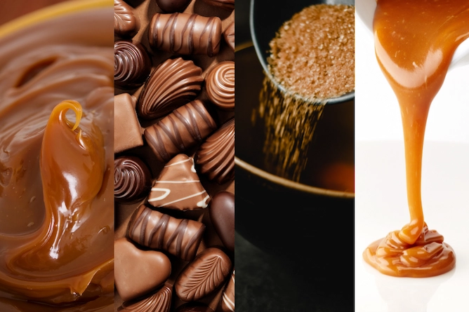imagem dividida em quadro com: doce de leite, chocolates, açúcar mascavo e caramelo