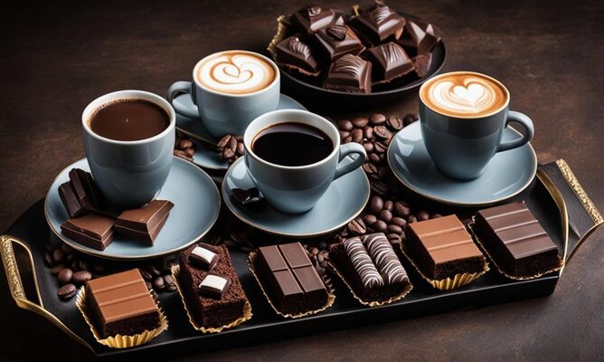 Bandeja preta elegante com quatro xícaras de café — incluindo expressos e cappuccinos com arte no leite — acompanhadas por quadrados de chocolate ao leite, amargo e recheado, além de bolinhos decorados, tudo disposto de forma organizada sobre fundo escuro com grãos de café espalhados.