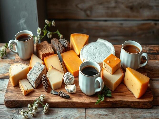 Três xícaras de café preto em canecas brancas sobre uma tábua rústica de madeira, cercadas por uma seleção variada de queijos — incluindo queijos duros, curados e de casca branca — acompanhados de pães e elementos decorativos naturais, em ambiente aconchegante e iluminado suavemente.