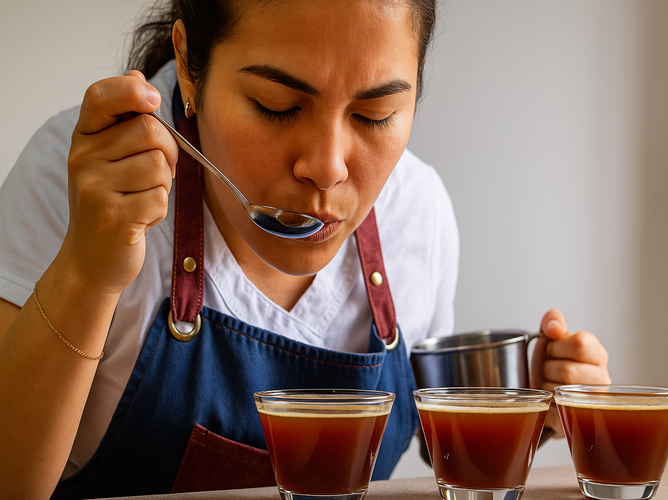 Mulher usando avental azul e branco participa de uma sessão de cupping de café