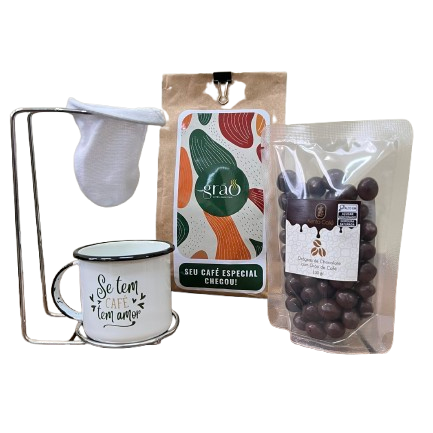 kit de presente com cafe, caneca e mini coador de pano e drágeas de chocolate com café