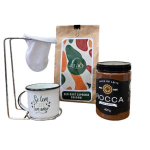 Kit Café Especial + Caneca + Mini Coador de Pano + Doce de Leite com Café